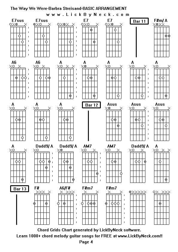 Chord Grids Chart of chord melody fingerstyle guitar song-The Way We Were-Barbra Streisand-BASIC ARRANGEMENT,generated by LickByNeck software.